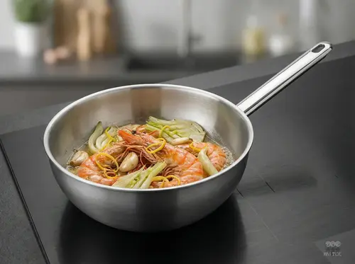 Patelnia sauté Apollo Demeyere, stal Silvinox, Ø 16 cm, gotowanie krewetek z warzywami