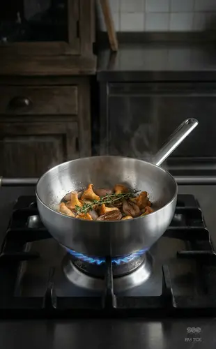 Patelnia sauté Demeyere Apollo, stal Silvinox, Ø 20 cm, na kuchence gazowej, z warzywami i ziołami.