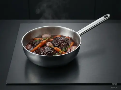 Patelnia sauté Apollo Demeyere stal Silvinox z duszoną wołowiną i warzywami