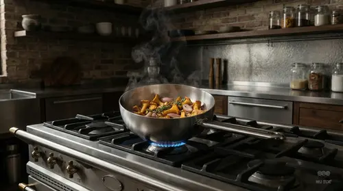 Demeyere Apollo - Patelnia sauté stalowa Silvinox, Ø 22 cm, na kuchence gazowej