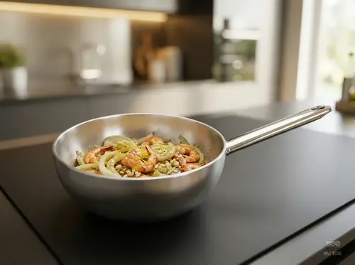Patelnia Demeyere Apollo sauté stal Silvinox Ø24 cm z potrawą