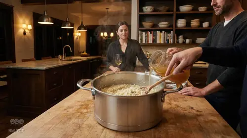 Garnek Demeyere Atlantis na drewnianym blacie w kuchni, gotowanie risotto.