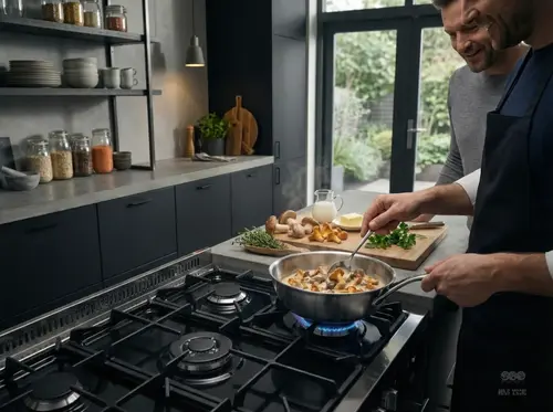 Demeyere Atlantis - stalowa patelnia sauté 22 cm na kuchence gazowej w nowoczesnej kuchni.