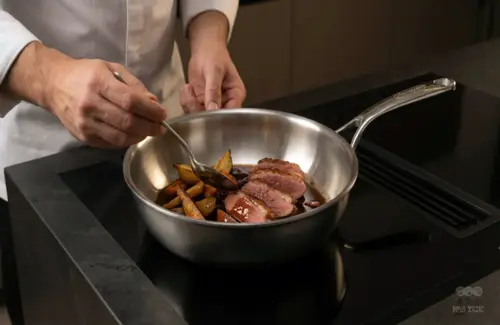 Stalowa patelnia sauté Demeyere Atlantis z pieczonym mięsem i warzywami na kuchni indukcyjnej.