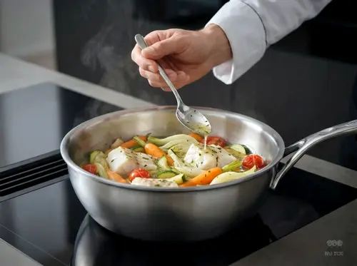 Stalowa patelnia sauté Demeyere Atlantis z warzywami i rybą.
