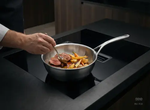 Demeyere Atlantis stalowa patelnia sauté z warzywami na kuchence indukcyjnej