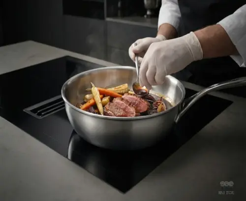Demeyere Atlantis stalowa patelnia sauté z pokrywką, idealna do duszenia i smażenia.