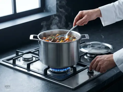 Stalowy garnek Demeyere Industry na kuchence gazowej, gotujący się posiłek.