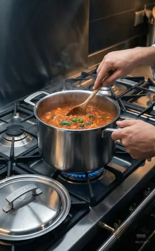 Stalowy garnek Demeyere Industry 8 litrów na kuchence z gotującą się potrawą