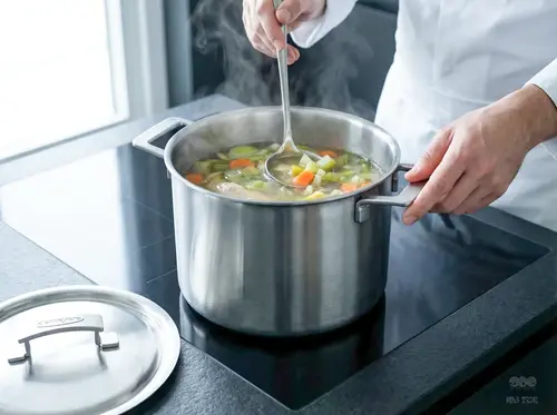 Stalowy garnek Demeyere Industry 8 litrów z zupą na kuchence indukcyjnej.