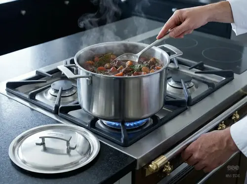 Stalowy garnek Demeyere Industry na kuchence gazowej, gotujący aromatyczny gulasz.