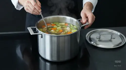 Stalowy garnek Demeyere Industry 8L z zupą na czarnym blacie kuchennym.