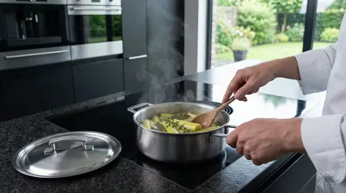 Stalowa patelnia Demeyere Industry z pokrywką na kuchence, gotowanie na parze.