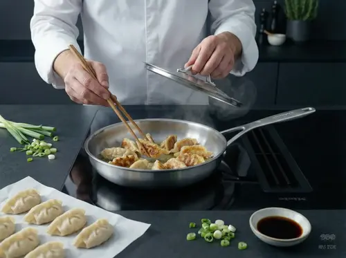 Stalowa patelnia Demeyere Industry 5-Ply z pierożkami na kuchence.