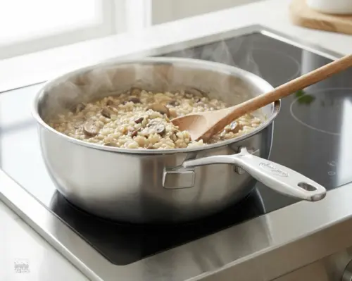 Stalowa patelnia sauté Demeyere Industry, 5-Ply, Ø 18 cm, na kuchence, gotująca risotto.