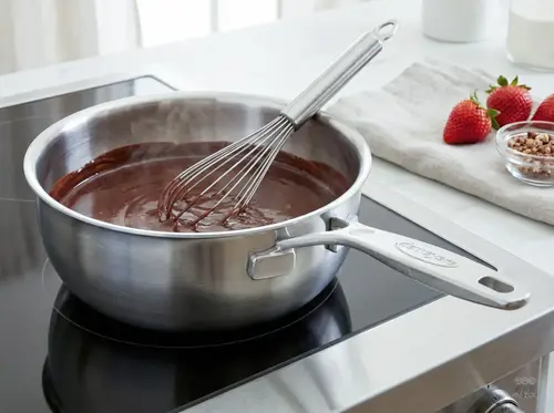 Patelnia sauté Demeyere Industry, stal Silvinox, Ø 18 cm, na kuchence z mieszadłem.