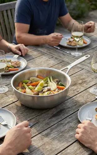 Stalowa patelnia sauté Demeyere Industry z warzywami na drewnianym stole.