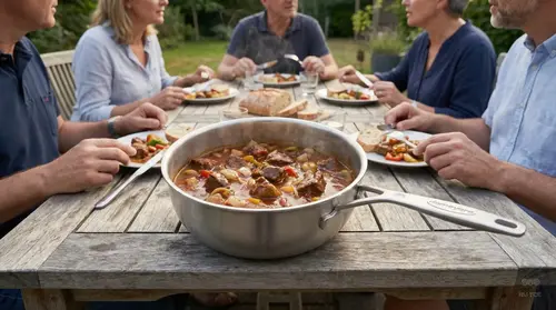 Stalowa patelnia sauté Demeyere Industry na drewnianym stole, gotowa do duszenia.