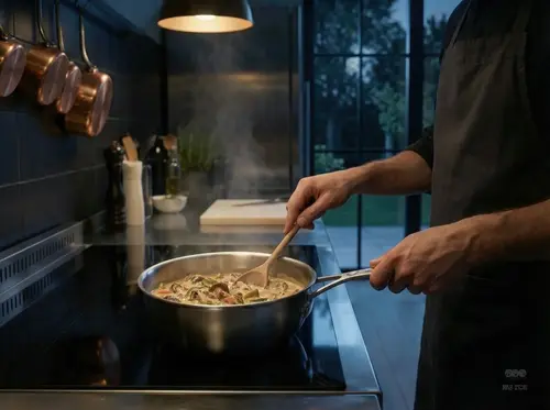Patelnia sauté Demeyere Industry 5-Ply w kuchni podczas gotowania