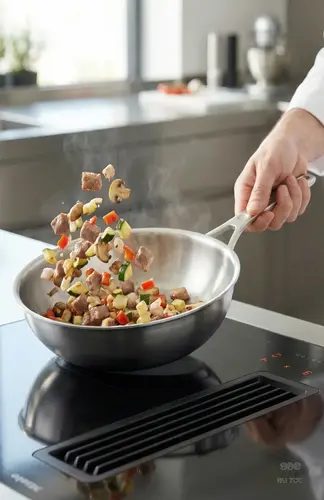 Stalowa patelnia sauté Demeyere Industry z jedzeniem w powietrzu