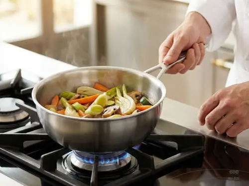 Stalowa patelnia sauté Demeyere Industry z warzywami na kuchence gazowej.