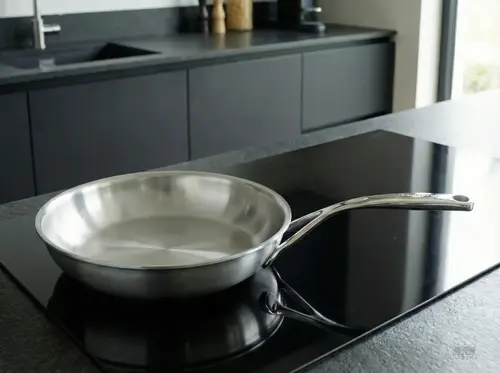 ProLine Demeyere patelnia stalowa 7-warstwowa, Ø 24 cm, na nowoczesnej kuchence indukcyjnej.