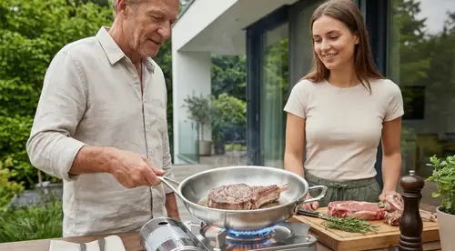 Stalowa patelnia Demeyere ProLine na kuchence z grillowanym stekiem.