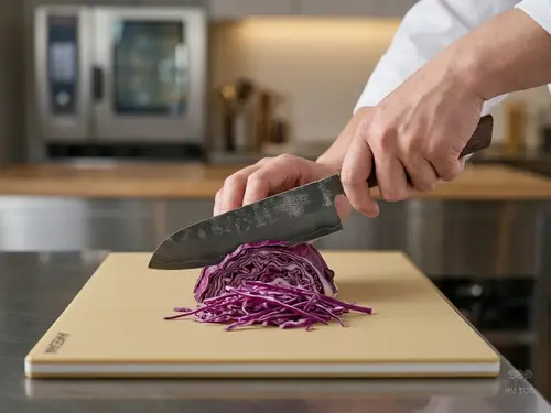 Japoński nóż Santoku Suncraft z serii Senzo Retro krojący czerwoną kapustę