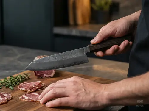 Ręcznie kuty nóż Santoku Suncraft Senzo Retro z ostrzem GIN-SAN 16,7 cm na tle kuchni.