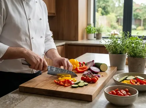 Japoński nóż Santoku Suncraft Senzo Retro kroi warzywa w kuchni