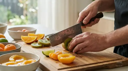 Japoński nóż Nakiri Suncraft Senzo Retro kroi kiwi na desce.