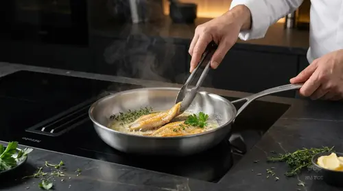 Stalowa patelnia Demeyere MultiLine z rybą na kuchence