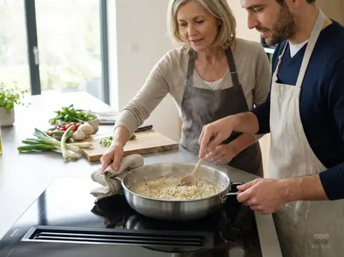 Stalowa patelnia Demeyere MultiFunction w kuchni, gotowanie risotto
