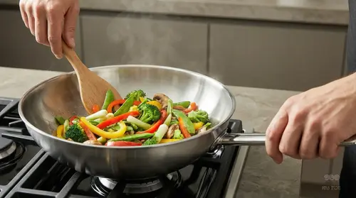 Stalowy wok Demeyere z serii Specialities o średnicy 26 cm na kuchence gazowej.