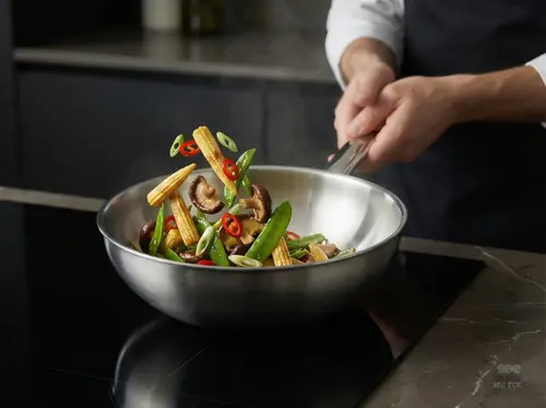 Stalowy wok Demeyere Specialities z warzywami na kuchence