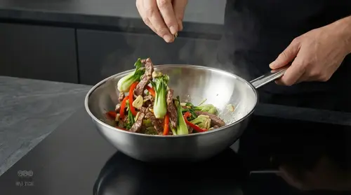 Stalowy wok Demeyere Specialities z potrawą na płycie indukcyjnej.