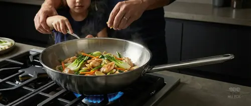 Demeyere Specialities stalowy wok na kuchence gazowej z warzywami