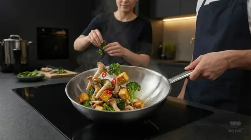 Stalowy wok Demeyere Specialities z warzywami i tofu w kuchni