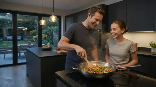 Stalowy wok Demeyere Specialities, Ø 32 cm, w kuchni, gotowanie z rodziną