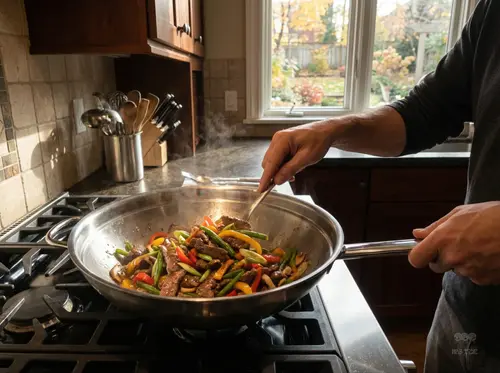 Stalowy wok Demeyere Specialities z warzywami na kuchence.