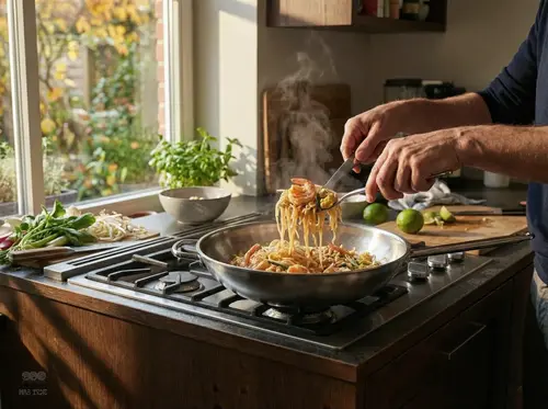 Stalowy wok Demeyere Specialities, 36 cm, wypełniony aromatycznym daniem na kuchence.