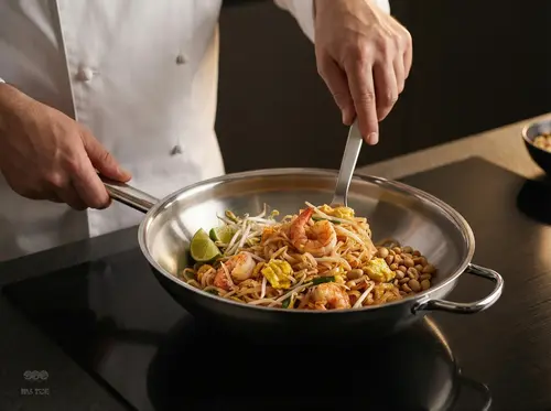 Stalowy wok Demeyere Specialities z potrawą na kuchence