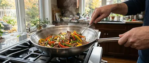 Stalowy wok Demeyere Specialities z uchwytem, Ø 36 cm, na kuchence w nowoczesnej kuchni
