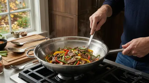 Stalowy wok Demeyere Specialities z potrawą na kuchence.