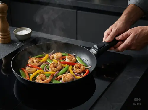 Scanpan Urban patelnia Ø 24 cm z krewetkami i warzywami na płycie indukcyjnej