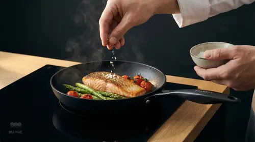 Tytanowo-ceramiczna patelnia Scanpan Pro SB+ z łososiem i warzywami na płycie indukcyjnej