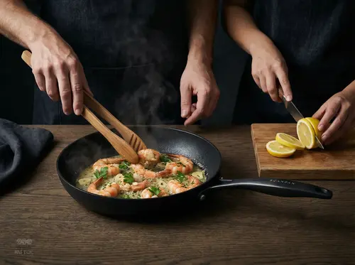 Tytanowo-ceramiczna patelnia Scanpan Pro SB+ z krewetkami i ziołami.