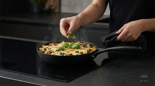 Tytanowo-ceramiczna patelnia Scanpan Pro SB+ z lasagne, dodatek bazylii.