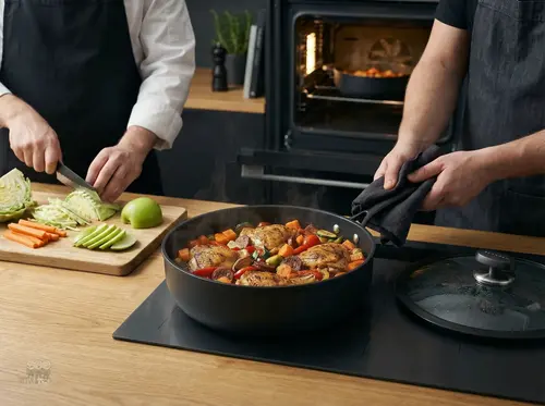 Scanpan Pro SB+ patelnia z pokrywką, idealna do duszenia na kuchennym blacie.