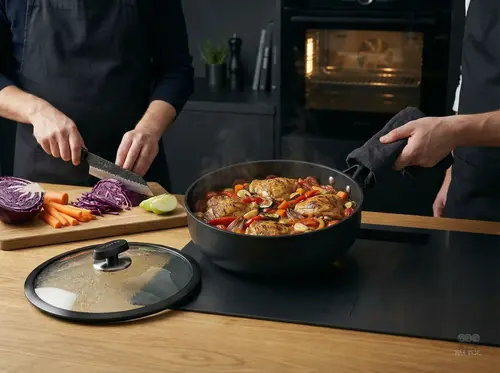 Scanpan Pro SB+ głęboka patelnia z pokrywką tytanowo-ceramiczna, gotowanie w kuchni